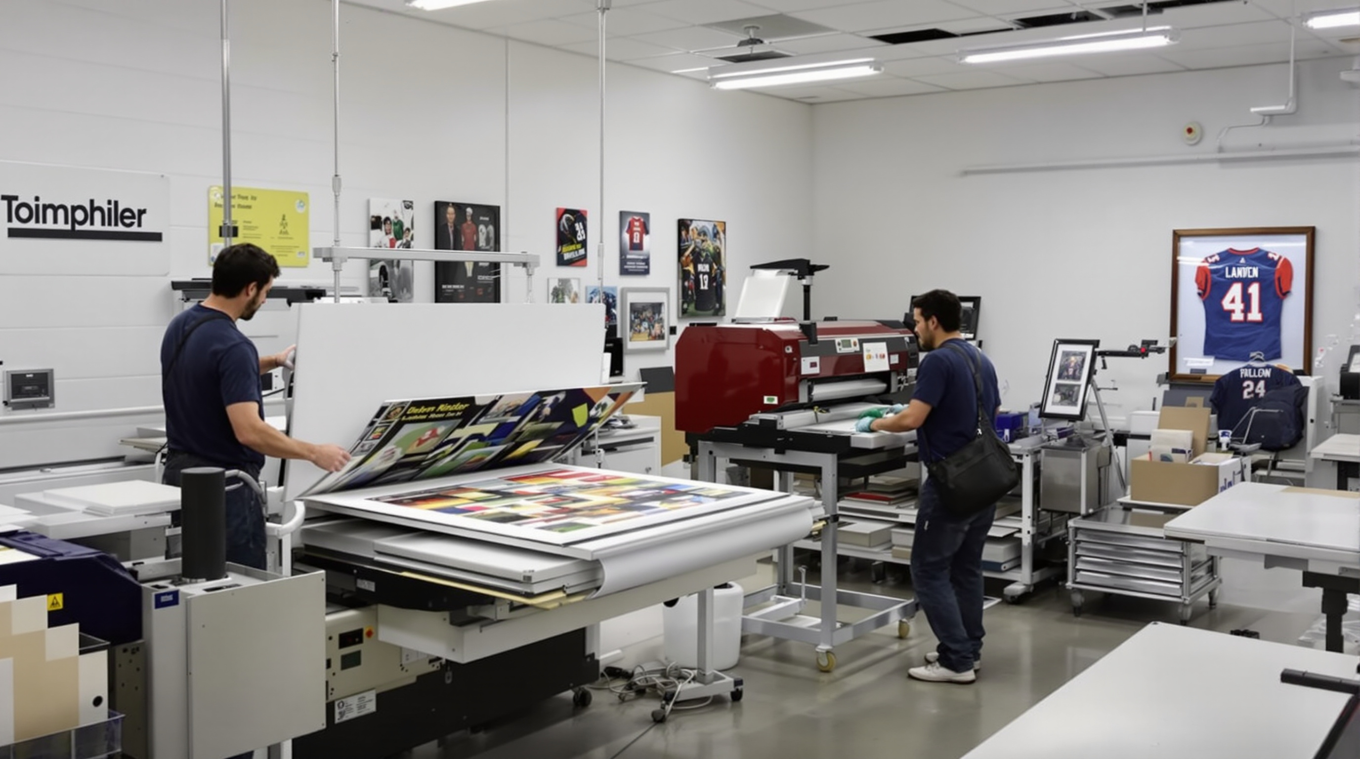 Professional print shop in Louisville with various finishing equipment visible - mounting press applying a poster to foam core board in foreground, laminating machine with glossy and matte samples displayed nearby, booklet binding equipment on a workbench,