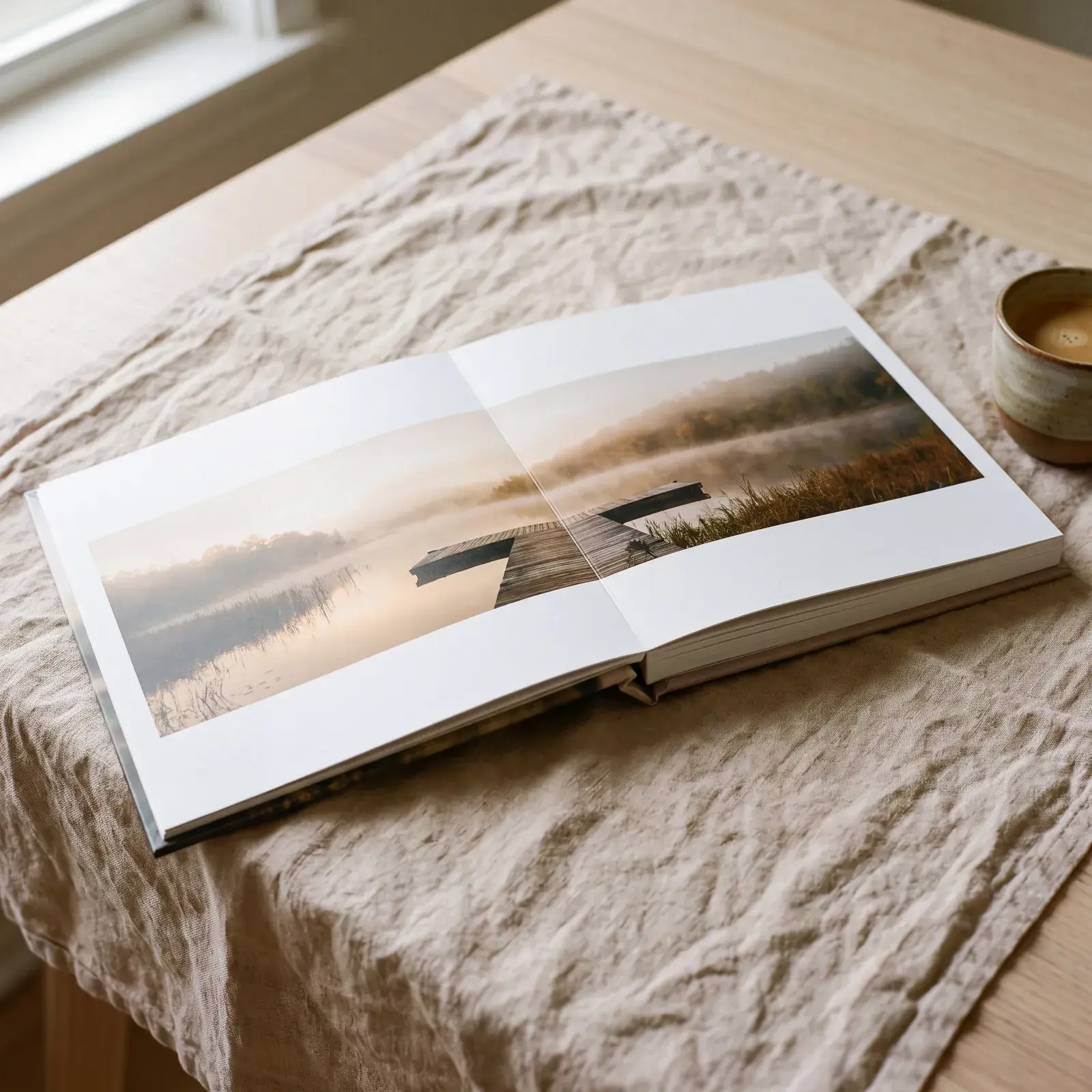 Layflat album lying open on a linen tablecloth