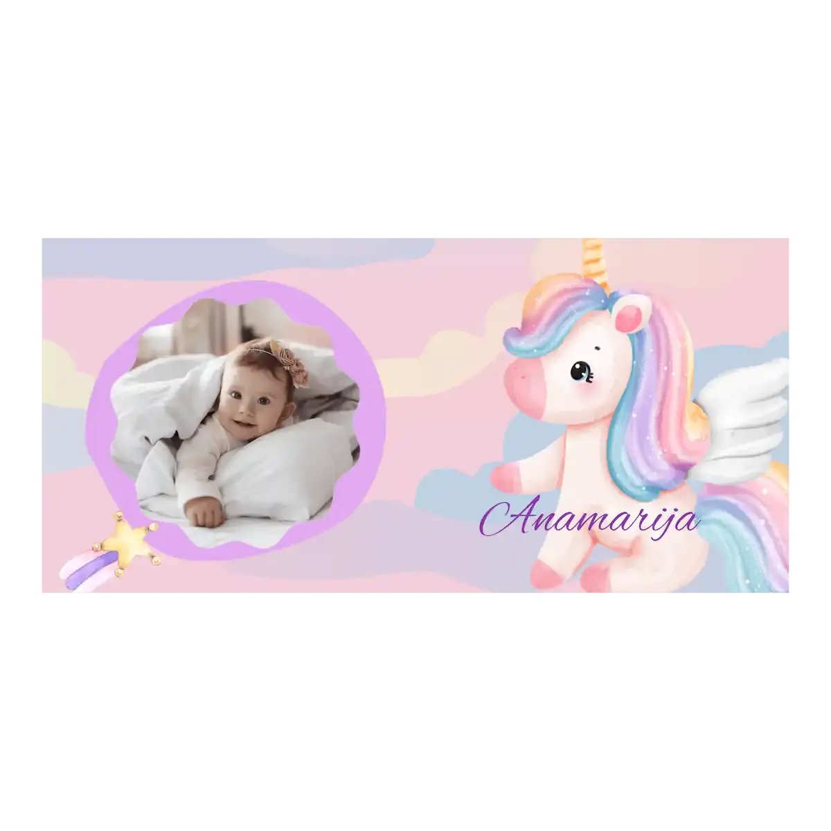 Preslatka dječja šalica s jednorogom, imenom i fotografijom.