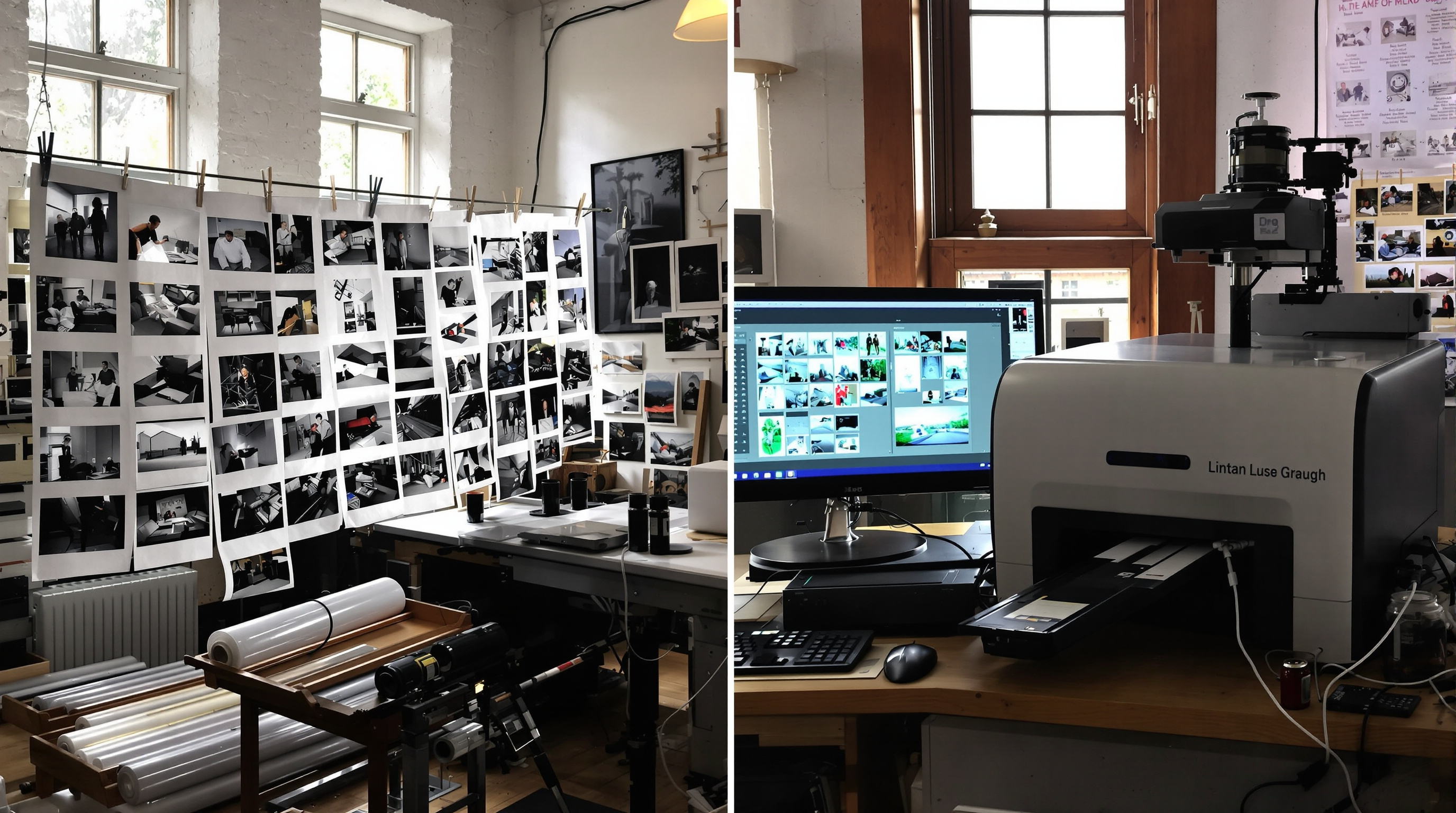 A split-frame photographic composition showing a traditional darkroom with prints hanging to dry on one side, juxtaposed with a high-quality film scanner connected to a computer displaying the same images digitally. Natural light streams through windows il