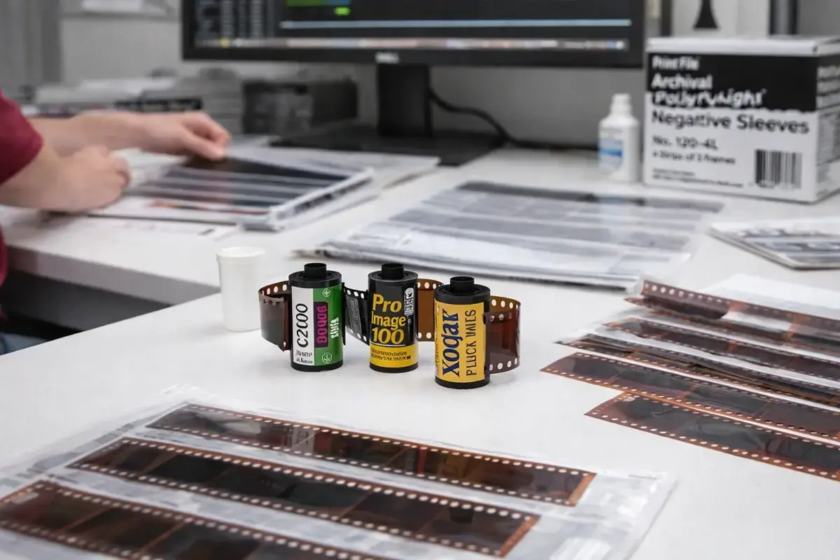 Film developing counter with 35mm film canisters, negatives, archival sleeves, and a clean professional lab workspace