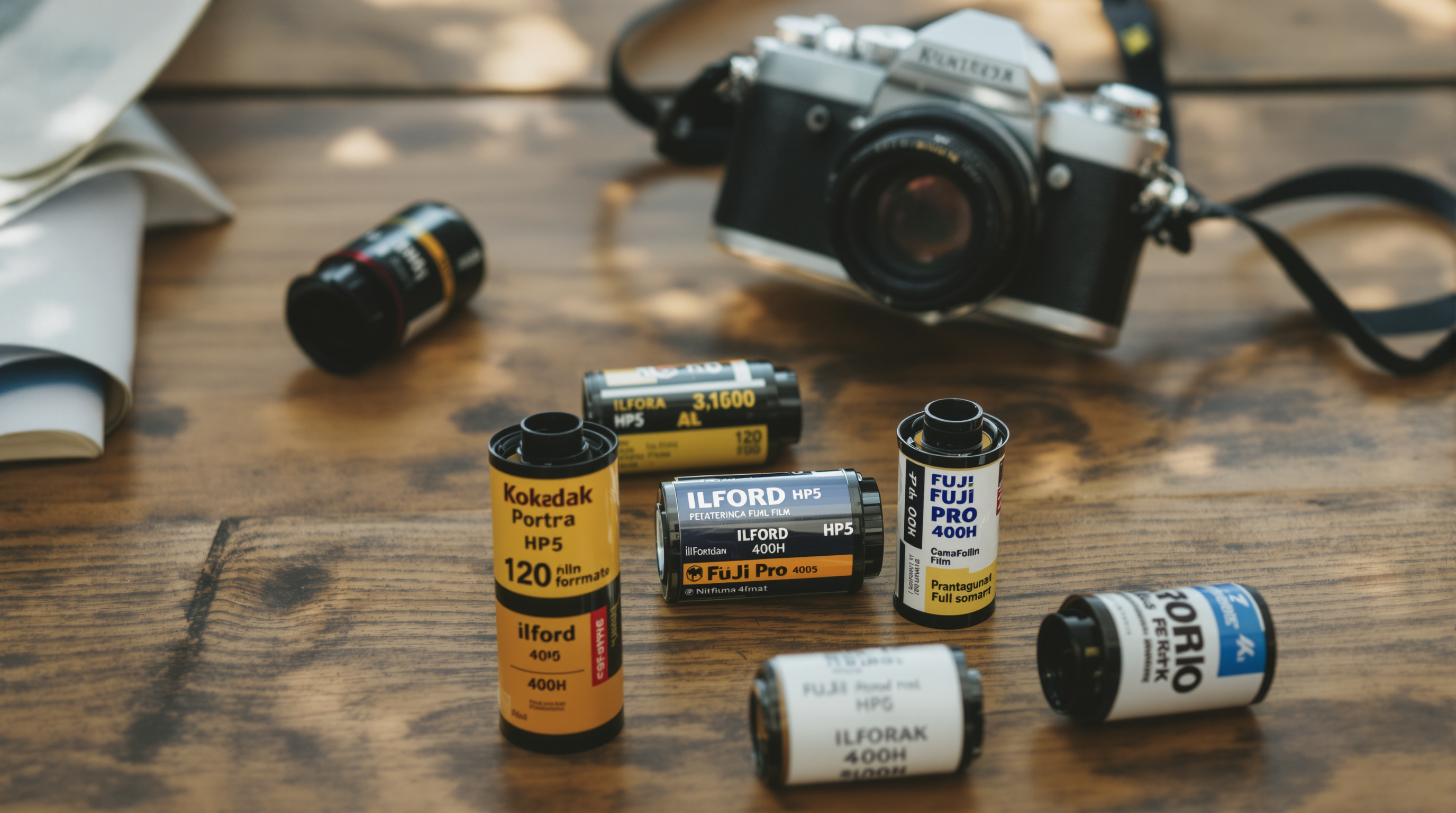 Kodak Portra, Ilford HP5, and Fuji Pro 400H 120 film rolls arranged beside a medium format film camera on a wooden surface