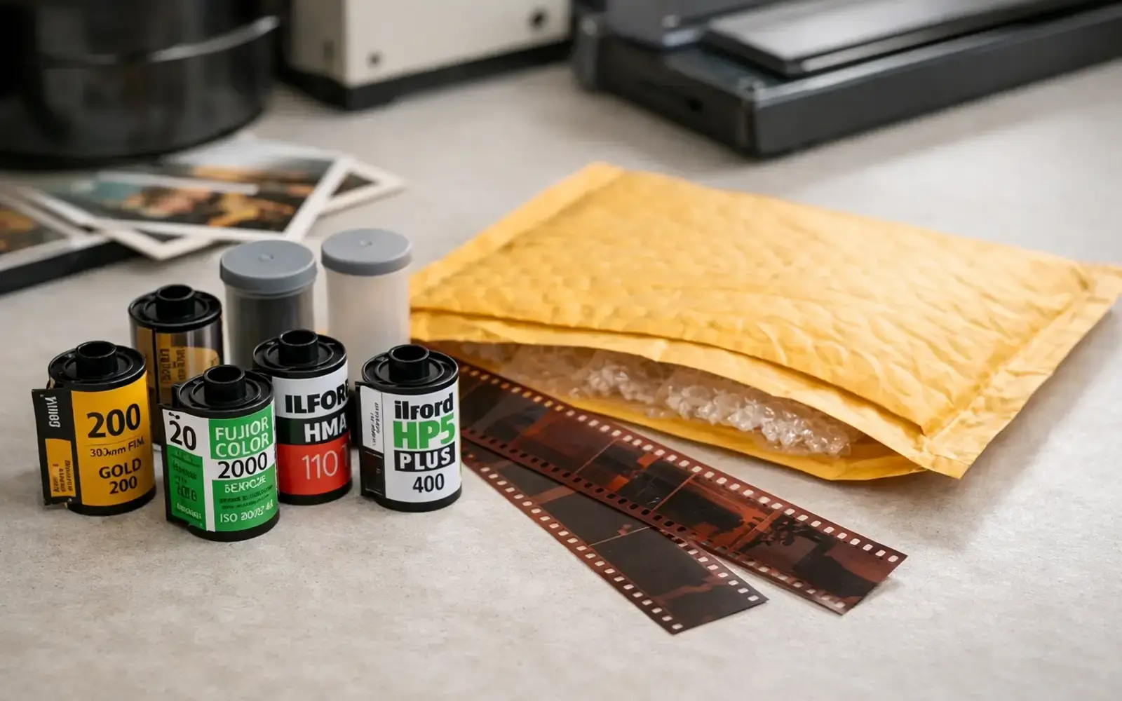 Film rolls and negatives packed in a padded mailer for professional mail-in processing.