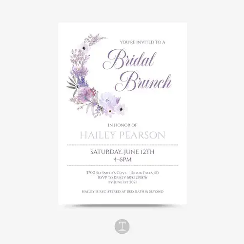 5x7 bridal shower invite with purple floral design