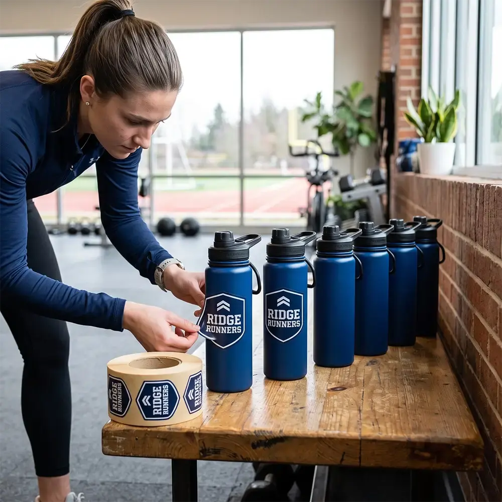 Roll stickers being applied to water bottles