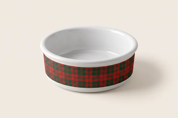 Ceramic dog bowl with a tartan band
