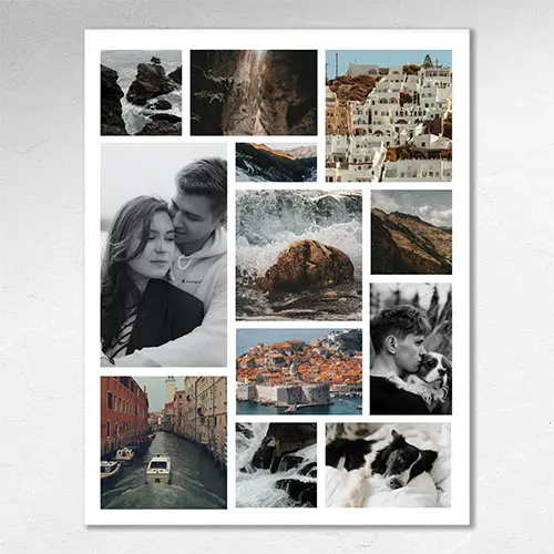 Collage of photographs including portraits, landscapes, and travel scenes such as a couple’s wedding, mountain roads, coastal city views, and a woman in traditional clothing, arranged in a clean grid layout.