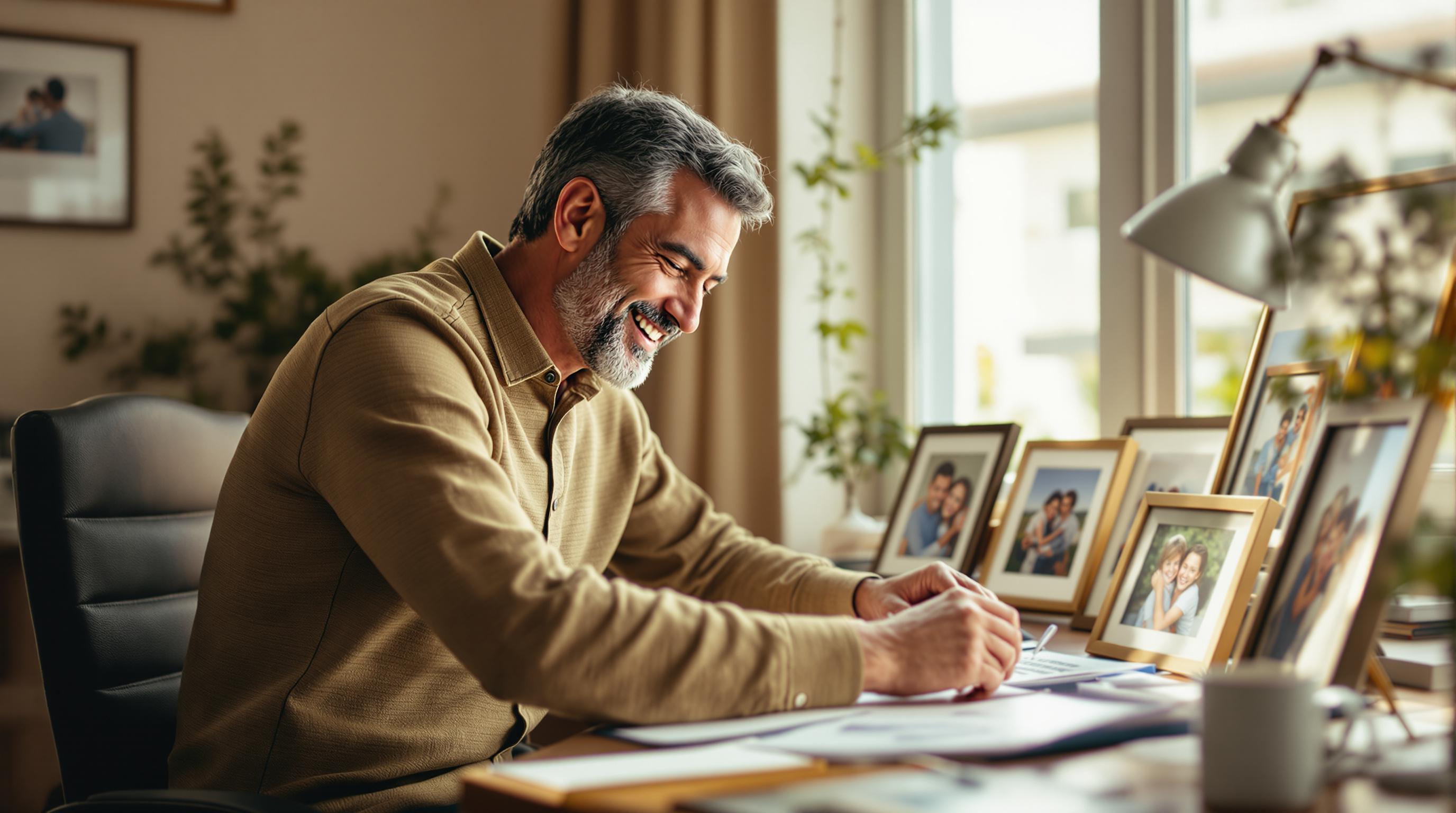 Father smiling while arranging family photo prints on desk with Father's Day card nearby