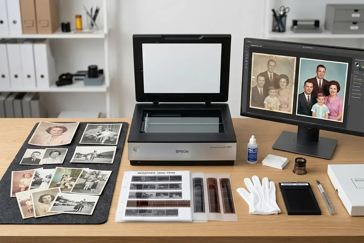 Old photographs, film strips, and a monitor displaying a restored image in a clean archival workspace