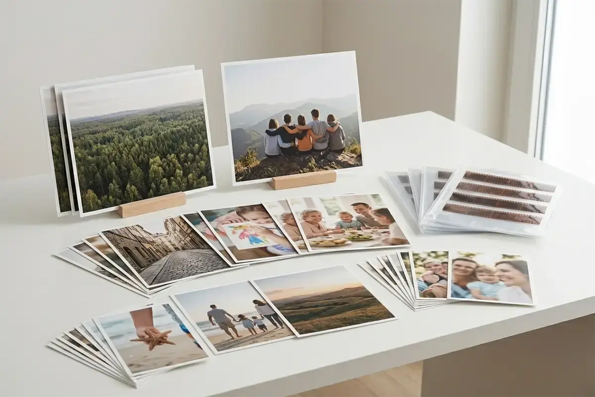 Finished photo prints laid out neatly on a clean table with color-accurate family and travel images and a professional print lab feel