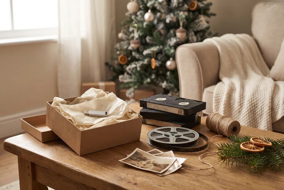 Gift box with a USB drive next to old VHS tapes, a film reel and family snapshots
