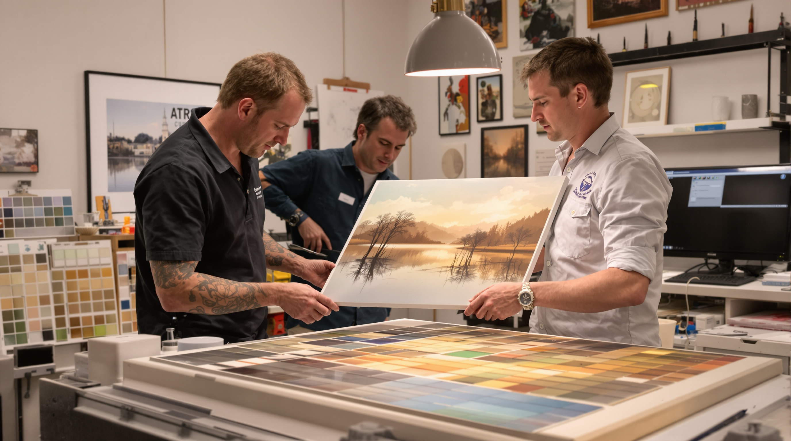 Artist and technician examining giclée canvas print in Louisville fine art reproduction studio with color swatches and calibrated monitor