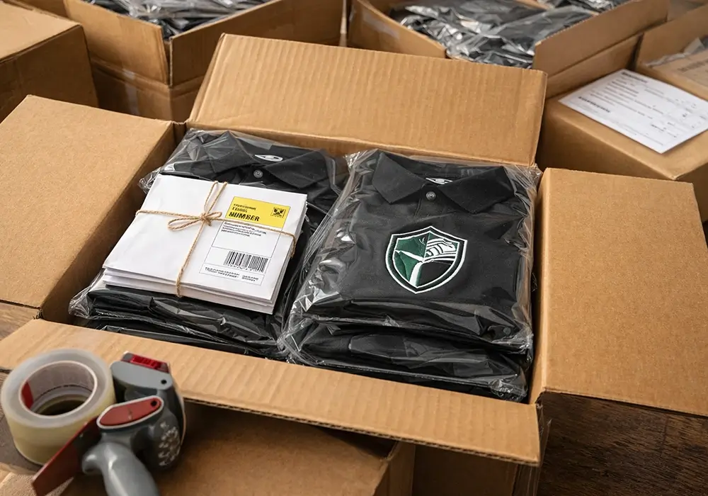 Neatly folded embroidered polos and a hat arranged for pickup or shipping, showing organized finishing and packaging