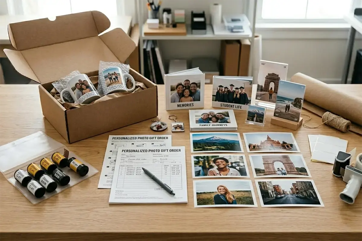 Photo gifts such as mugs desk prints mini books and small framed prints arranged in a clean modern setting