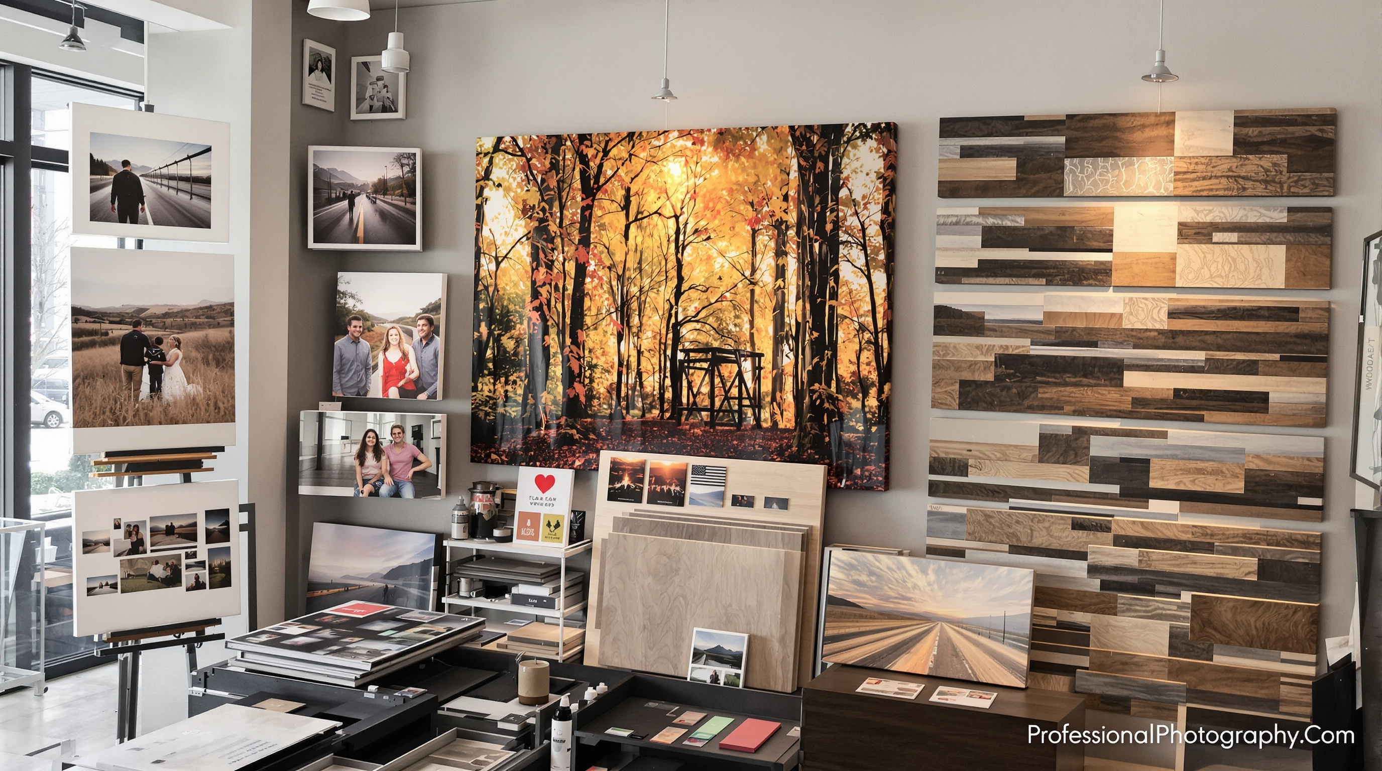 Professional photography studio in Louisville showcasing various wall art displays including float wrap prints, canvas wraps, and wood photo panels arranged in a modern gallery style with natural lighting highlighting the different textures and mounting st