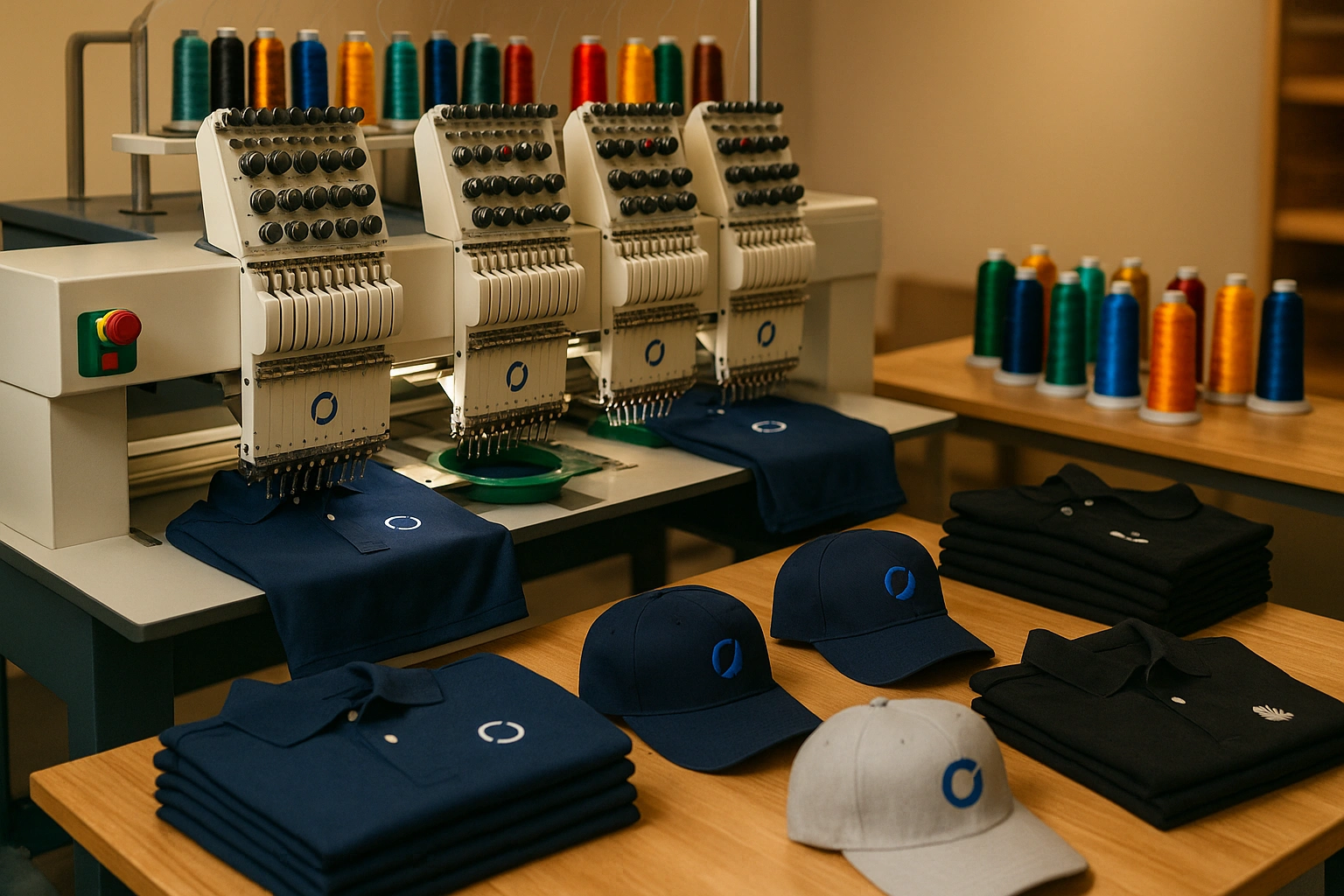 Close-up of an embroidery machine stitching the word “Company” in golden thread on blue fabric, with icons highlighting premium threads, apparel and accessories, fast turnaround, and local service for custom embroidery.