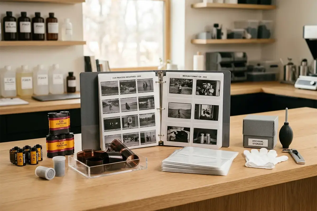 Film developing counter with 35mm and 120 film canisters, negatives, archival sleeves, and a clean professional lab workspace