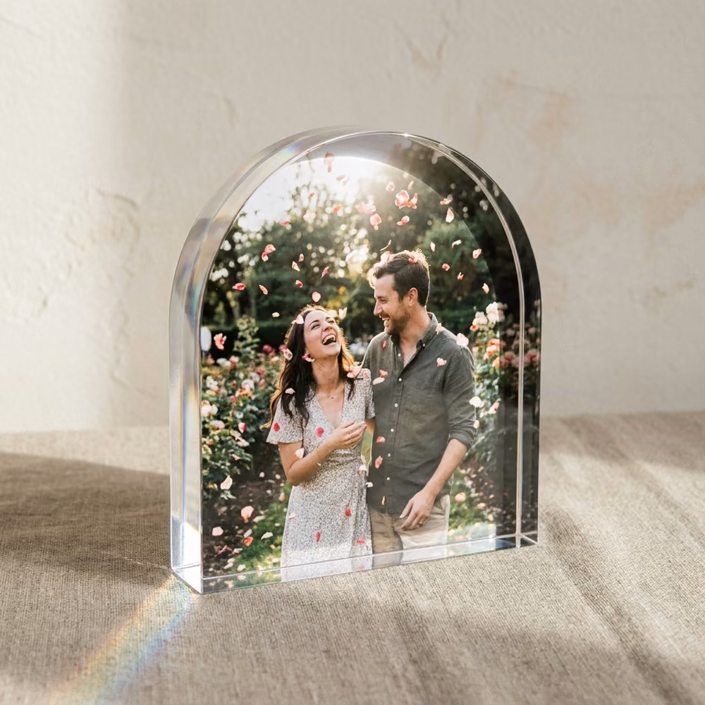Arched acrylic keepsake with a wedding photo