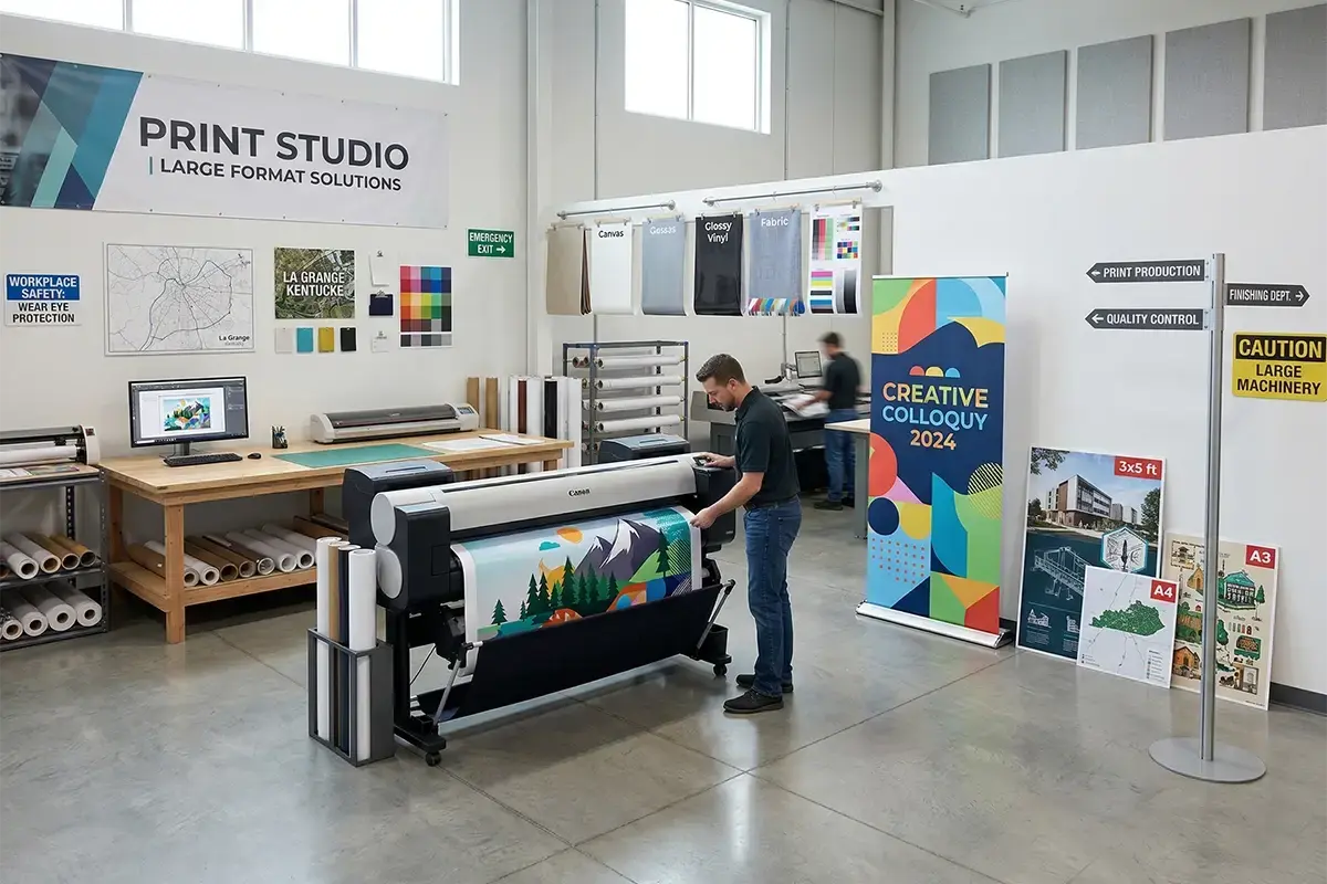 Large format banners, workplace signs, event graphics, and display pieces in a clean professional print production setting