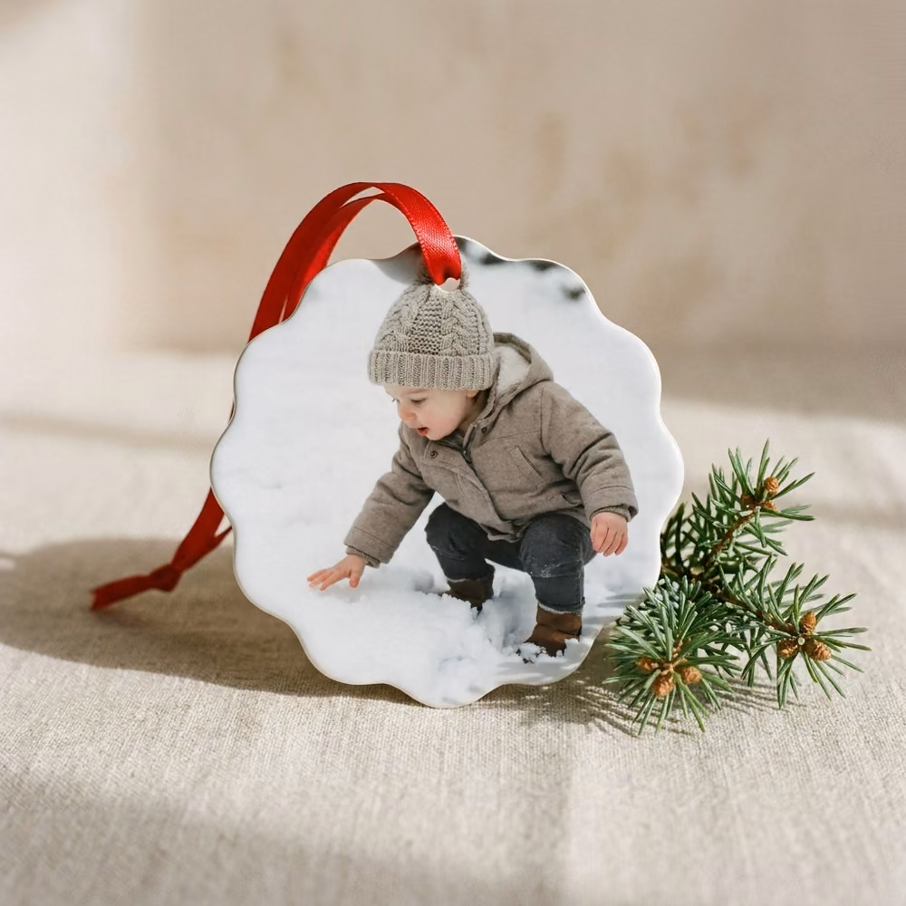 Scalloped photo ornament with a red ribbon