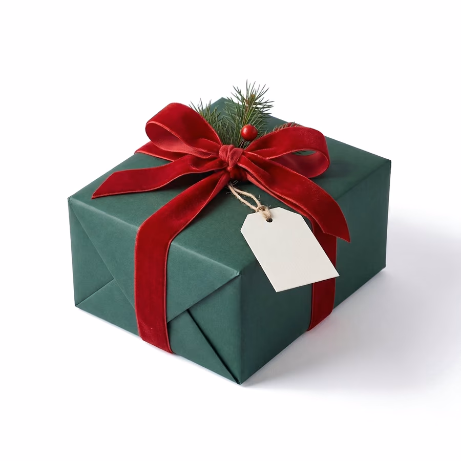 Green gift box with a red velvet bow