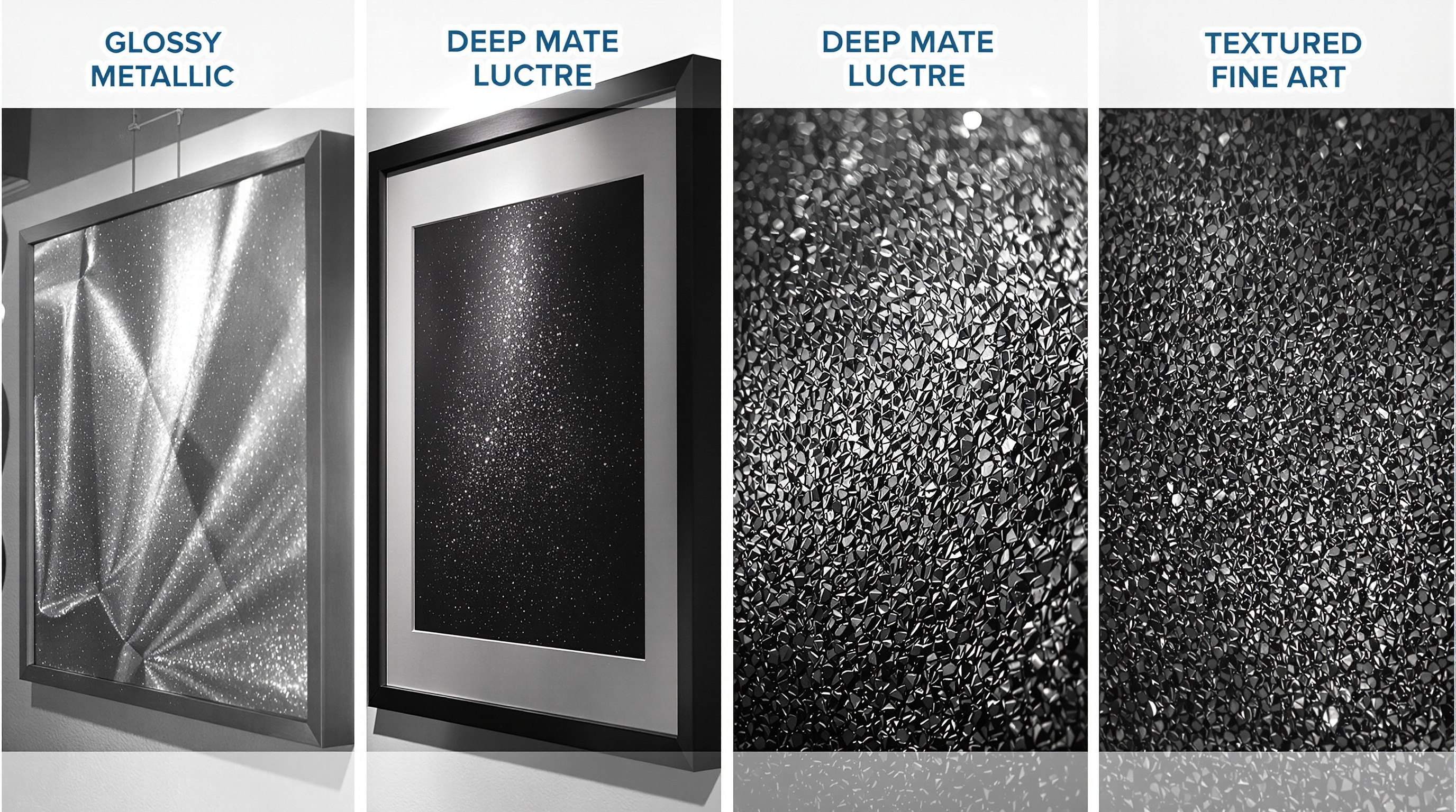 A professional photographic display showing multiple framed photos on different paper finishes side by side - glossy metallic, deep matte, lustre and textured fine art - with dramatic studio lighting highlighting the different reflective qualities, texture