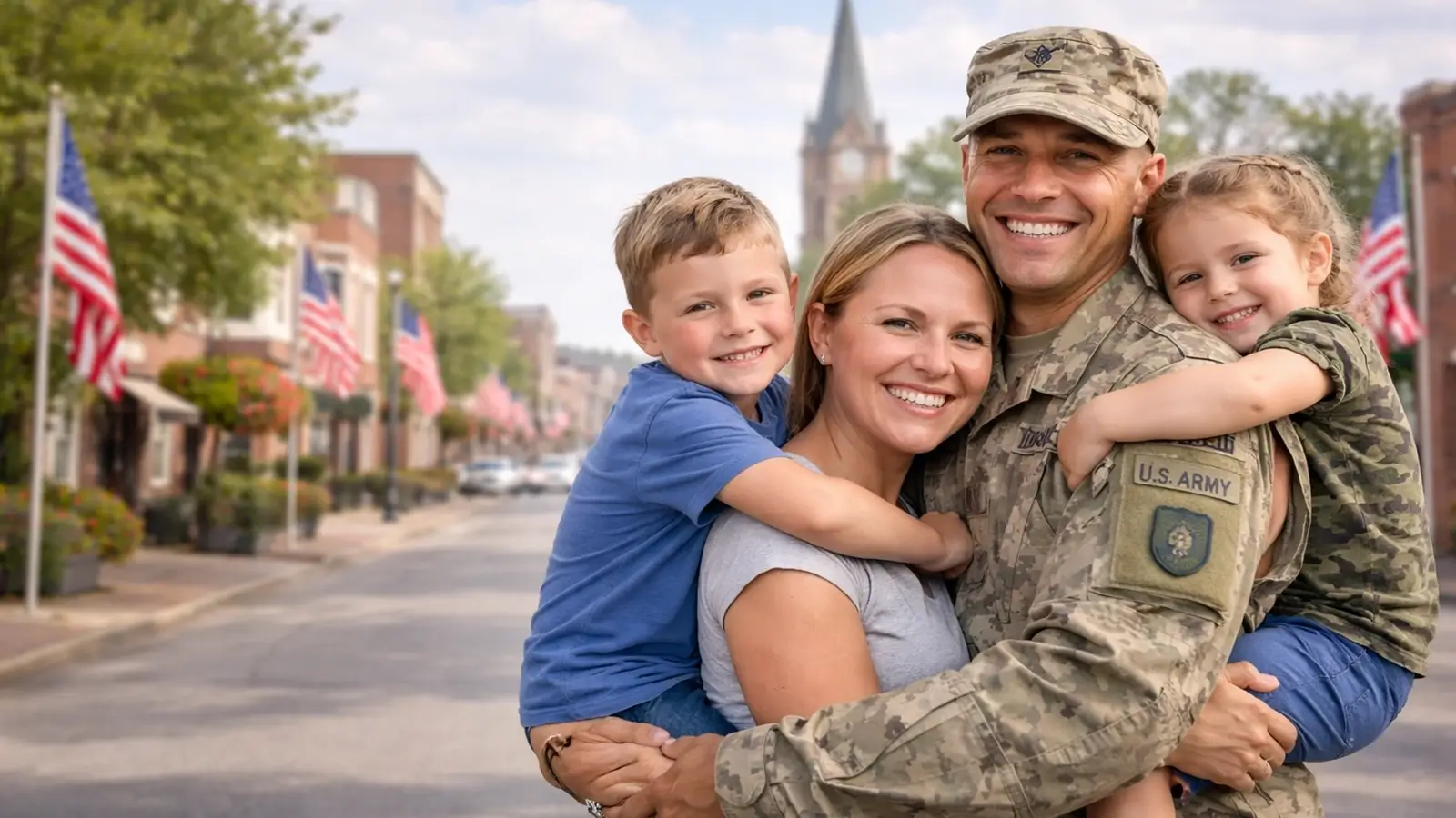 Military family walking together on a downtown street in Hopkinsville, Kentucky