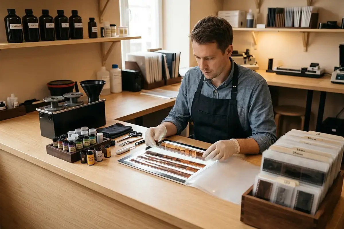 Film developing counter with 35mm and 120 film canisters negatives archival sleeves and a clean professional lab workspace