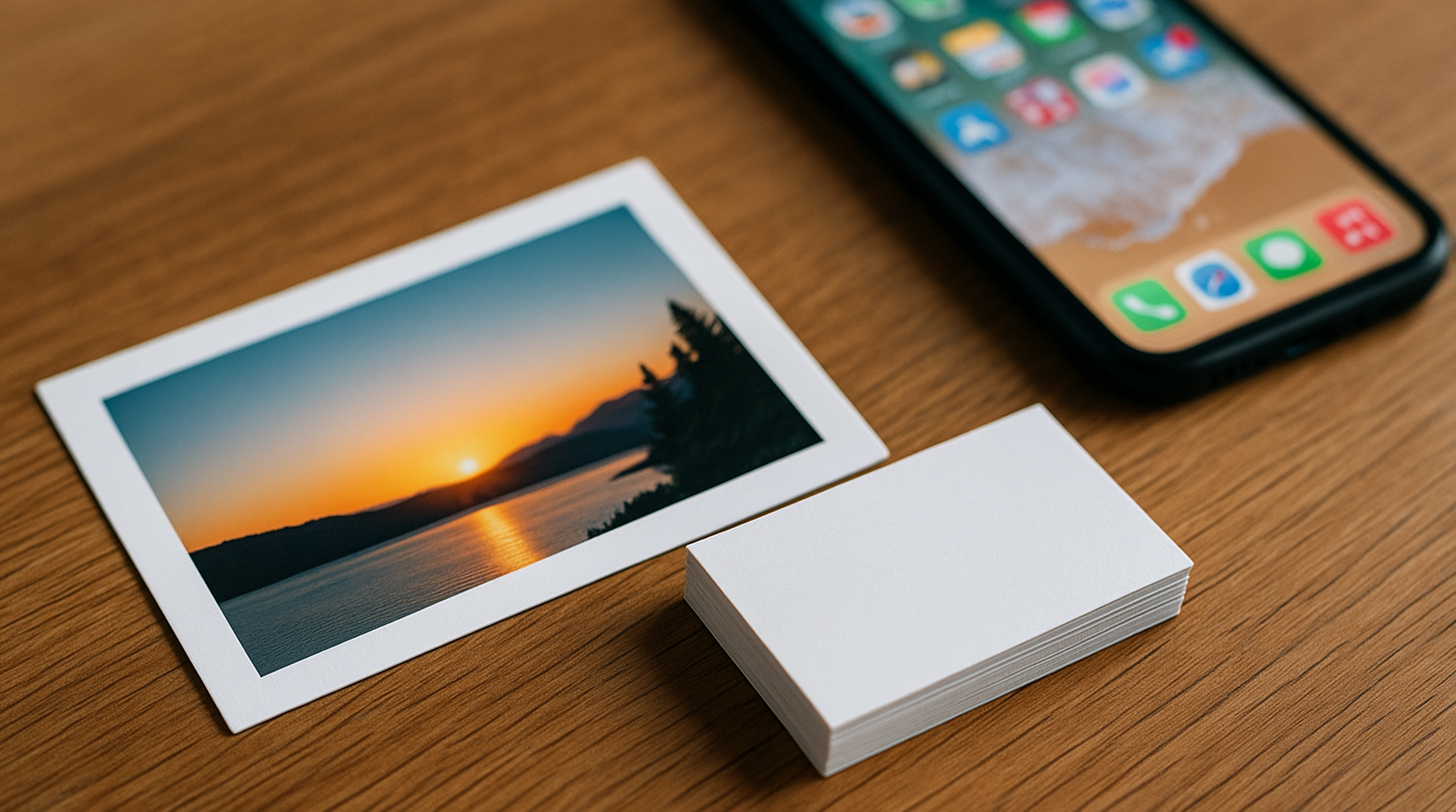 Printed photo and business cards on a wooden desk with smartphone in background