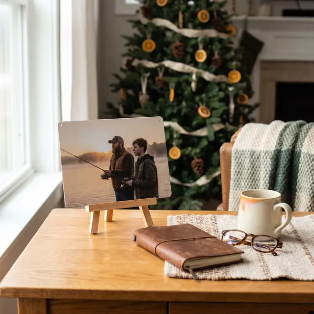 Metal desk print of a dad and son fishing