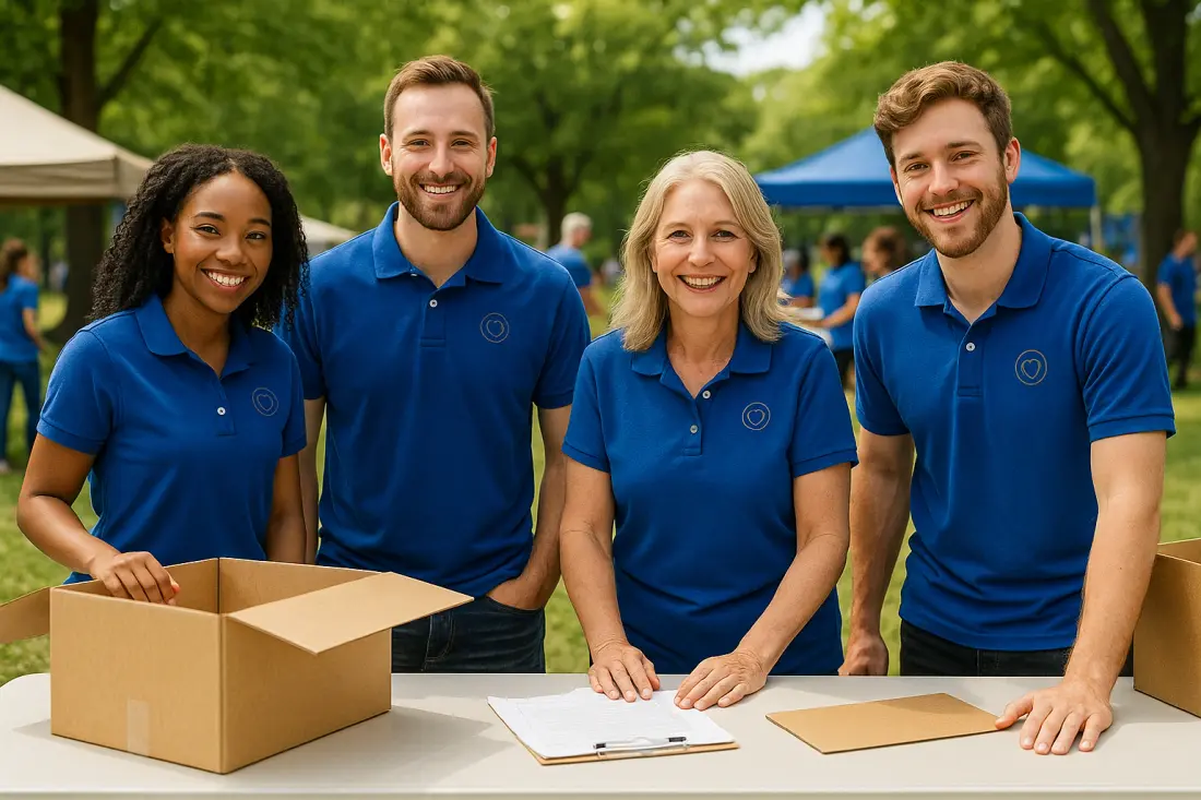 Volunteer group wearing embroidered shirts at a community event