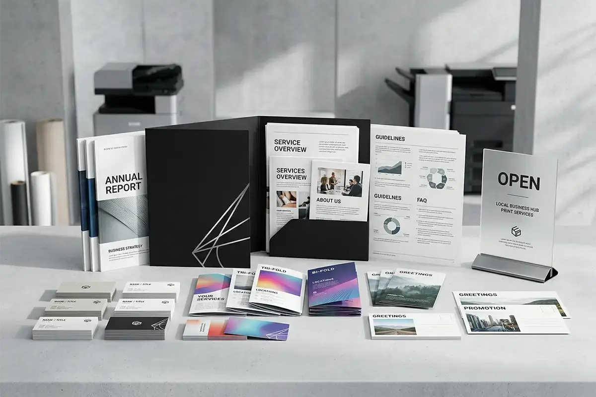 Business printing package with brochures, postcards, business cards, presentation folders, reports, handouts, and signage samples