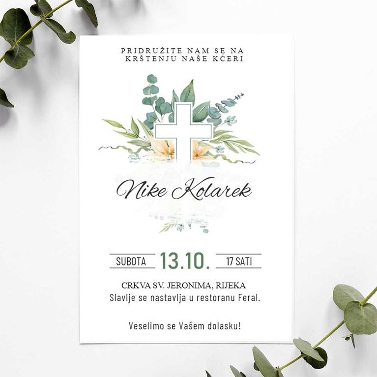 Personalizirana pozivnica za krštenje, elegantnog dizajna, jednostavan tekst.