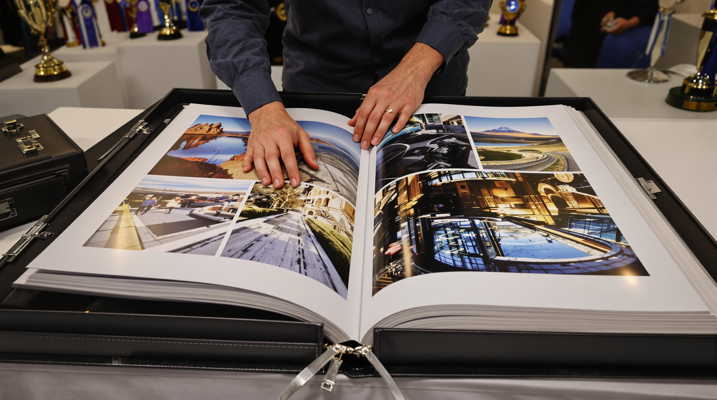 Photographer arranging fine-art prints in black leather competition case on white table with trophies and ribbons in background
