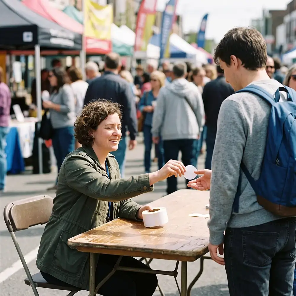 roll stickers being handed out a festival