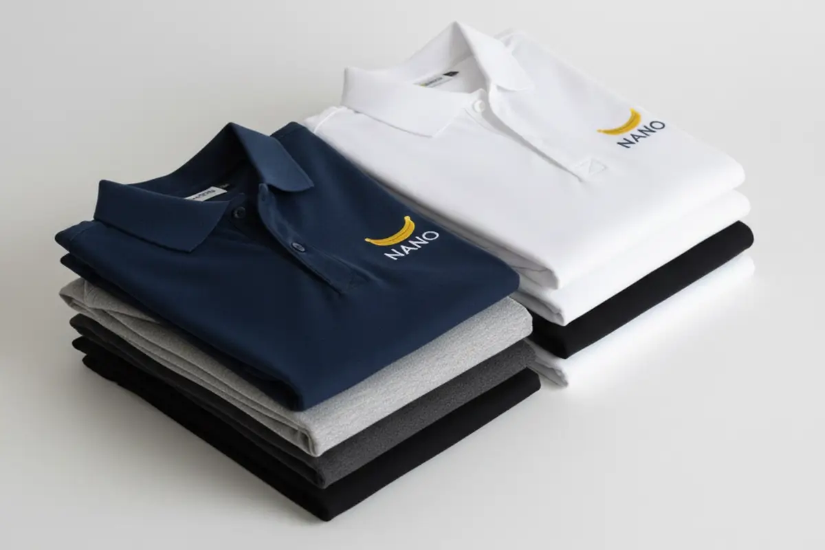 tacks of neatly folded embroidered corporate polos showing volume order