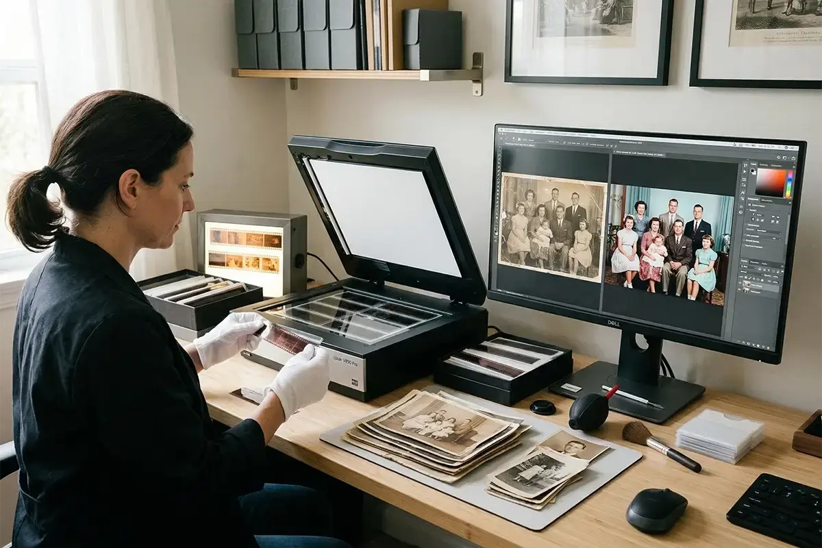 Old photographs film strips and a monitor displaying a restored image in a clean archival workspace