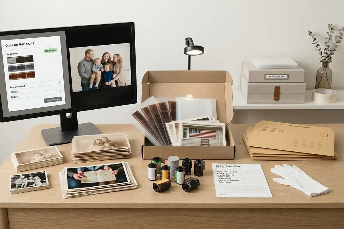 Clean mail-in film and print service kit with film rolls, order materials, and protective packaging on a tabletop