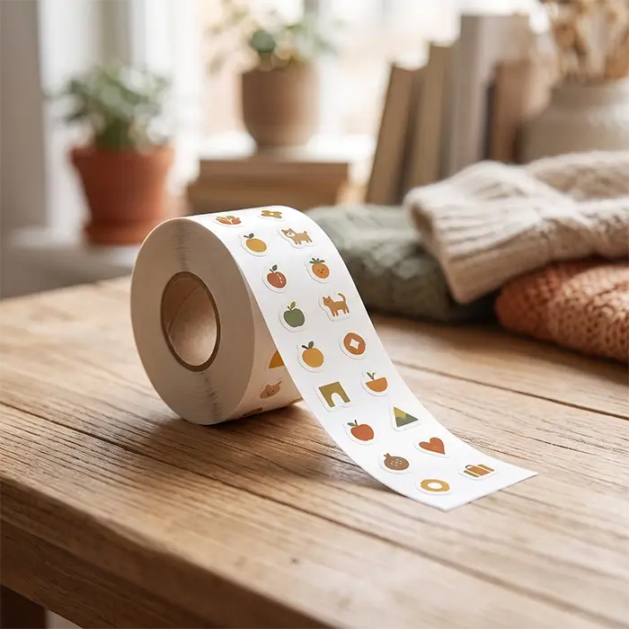 Roll of custom stickers on a wood table