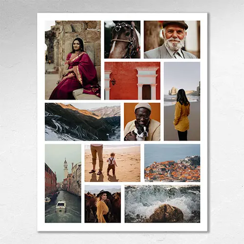Collage of photographs including portraits, landscapes, and travel scenes such as a couple’s wedding, mountain roads, coastal city views, and a woman in traditional clothing, arranged in a clean grid layout.
