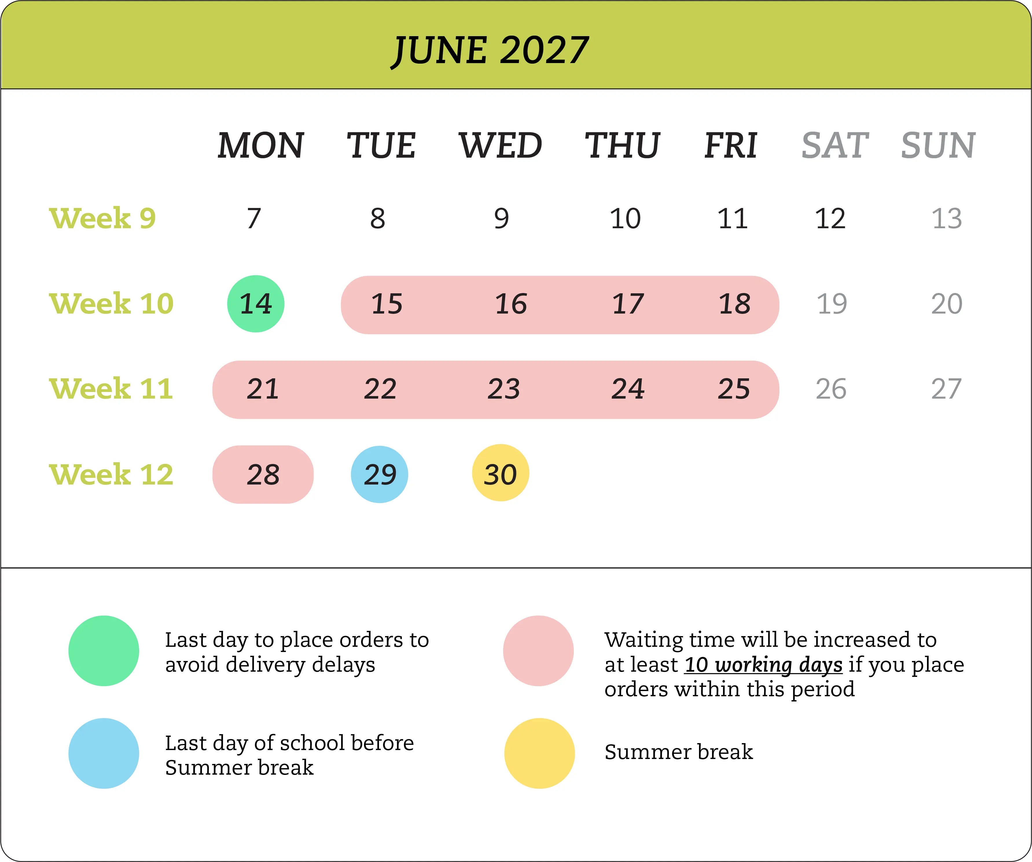 Delivery calendar