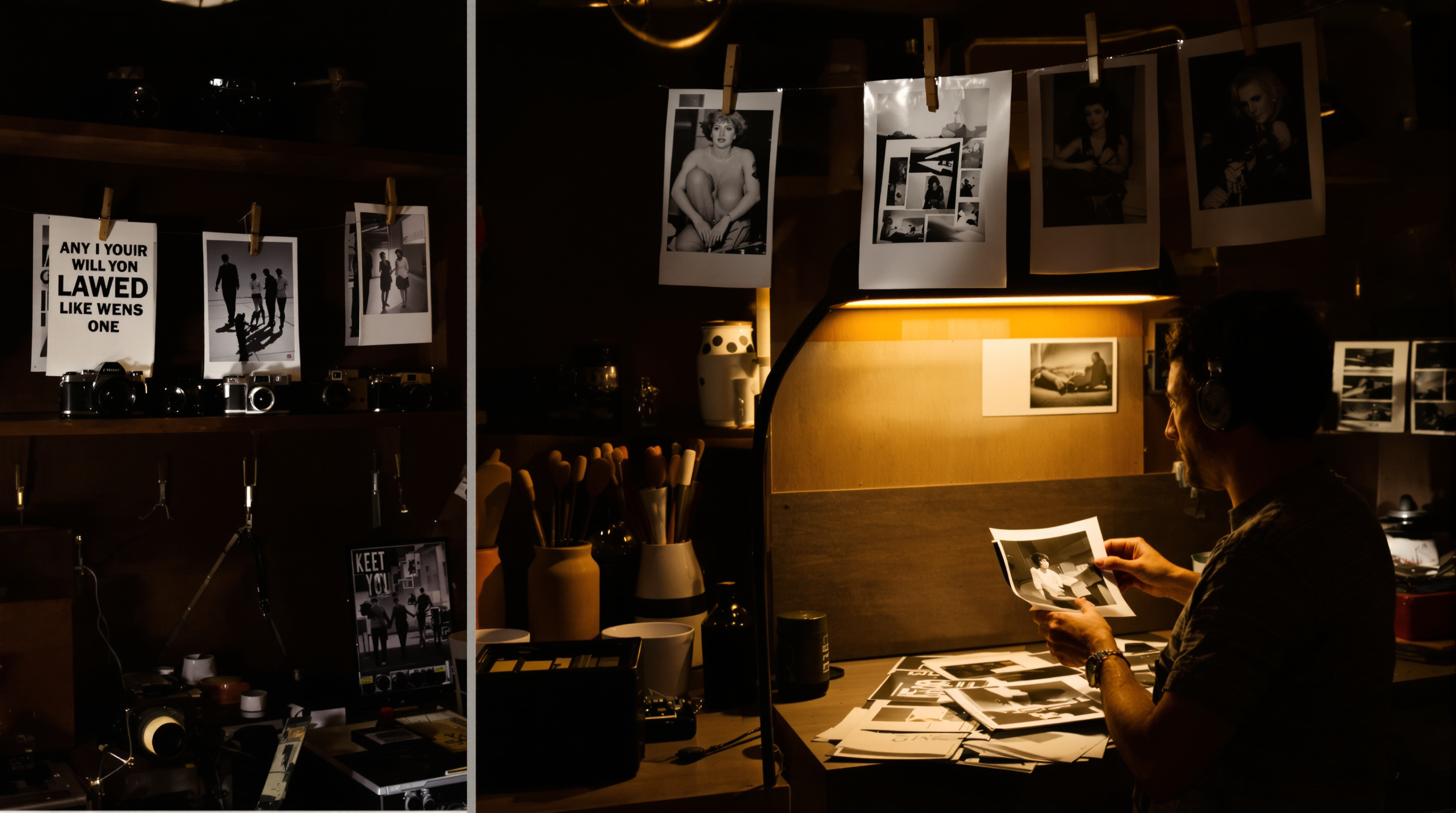 A warmly lit photography darkroom in Louisville with vintage film cameras on a wooden shelf, darkroom prints hanging on drying lines, and a photographer carefully examining a black and white print under warm amber safelight. The scene captures both the tec