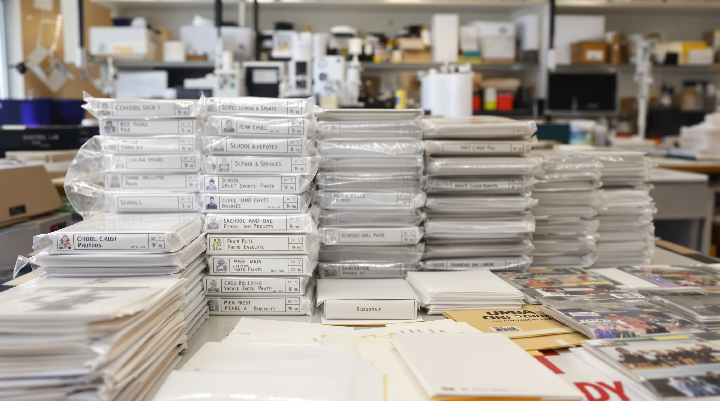 Organized photo lab workspace with stacked labeled packages, bubble-wrapped prints, and school and sports photo envelopes on table