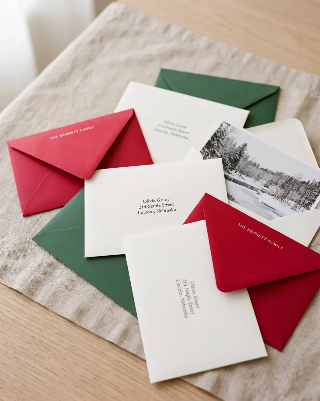 Red, green and white printed envelopes