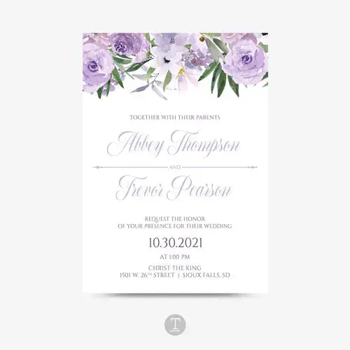 Personalized wedding invitation with purple floral design