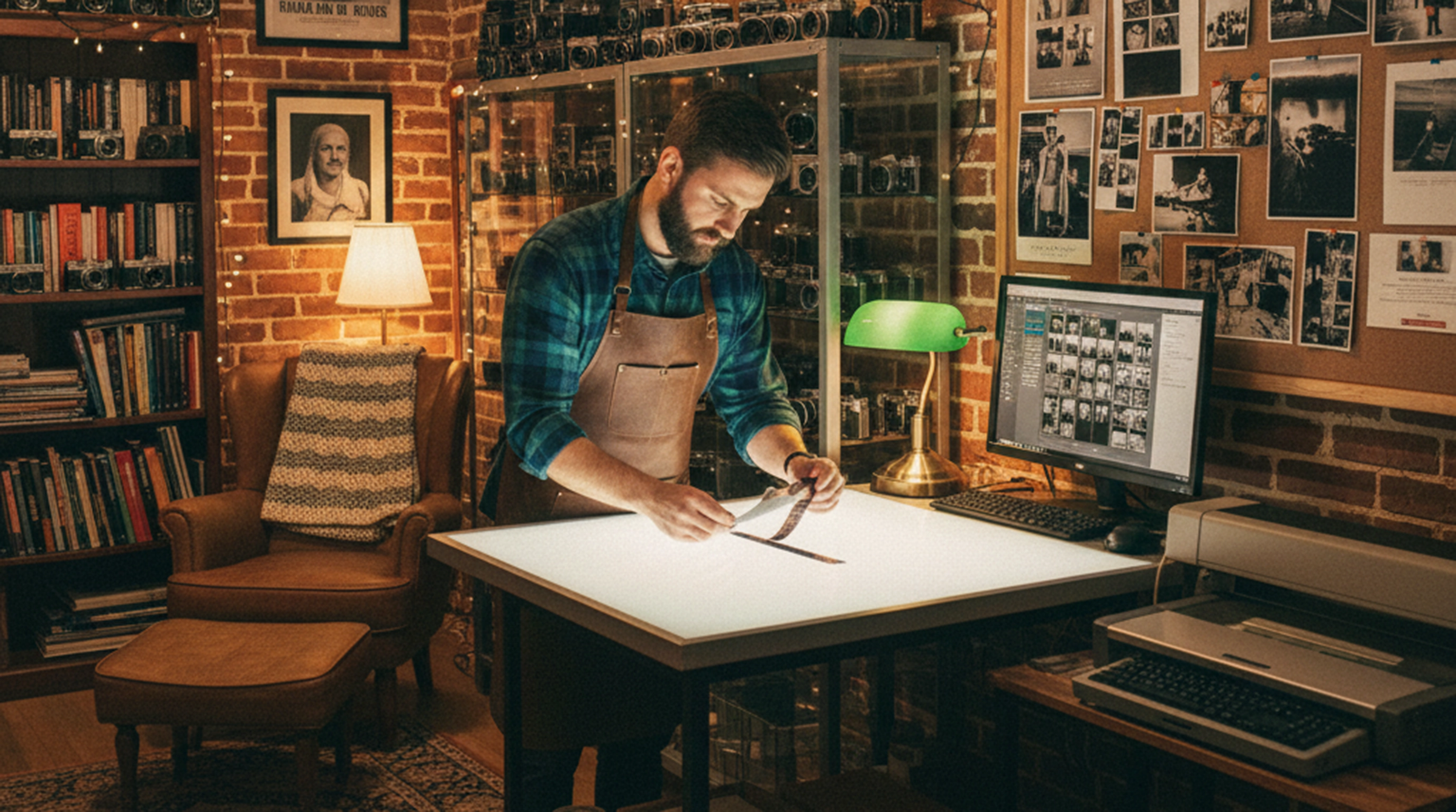 Warm, inviting film lab interior with a technician examining freshly developed 35mm negatives on a light table, surrounded by neatly stacked film canisters and vintage cameras. Soft, nostalgic lighting highlights a nearby display of printed photos and cont