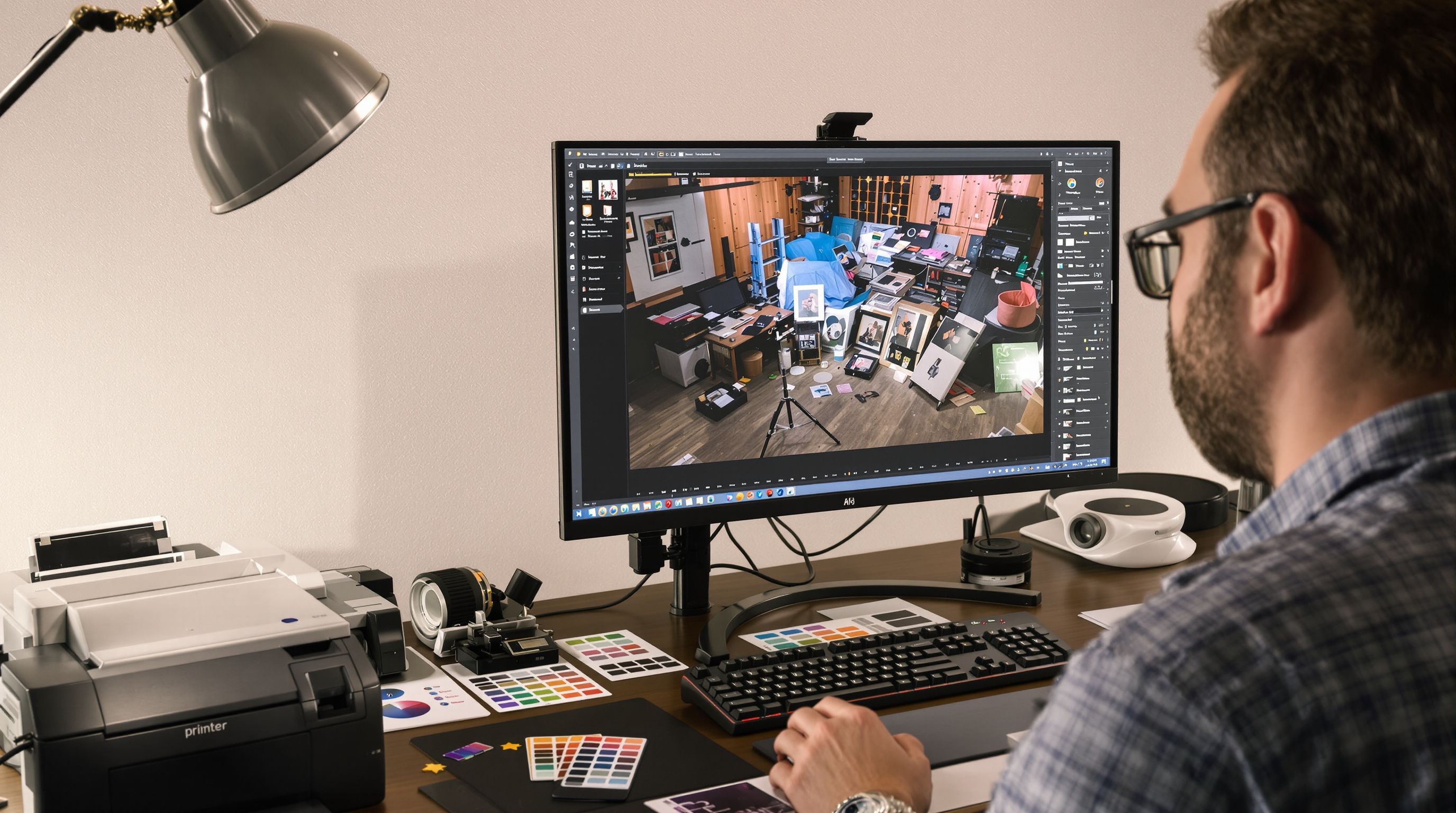 Professional photographer reviewing high-resolution image on calibrated monitor in studio with color charts and competition entry forms