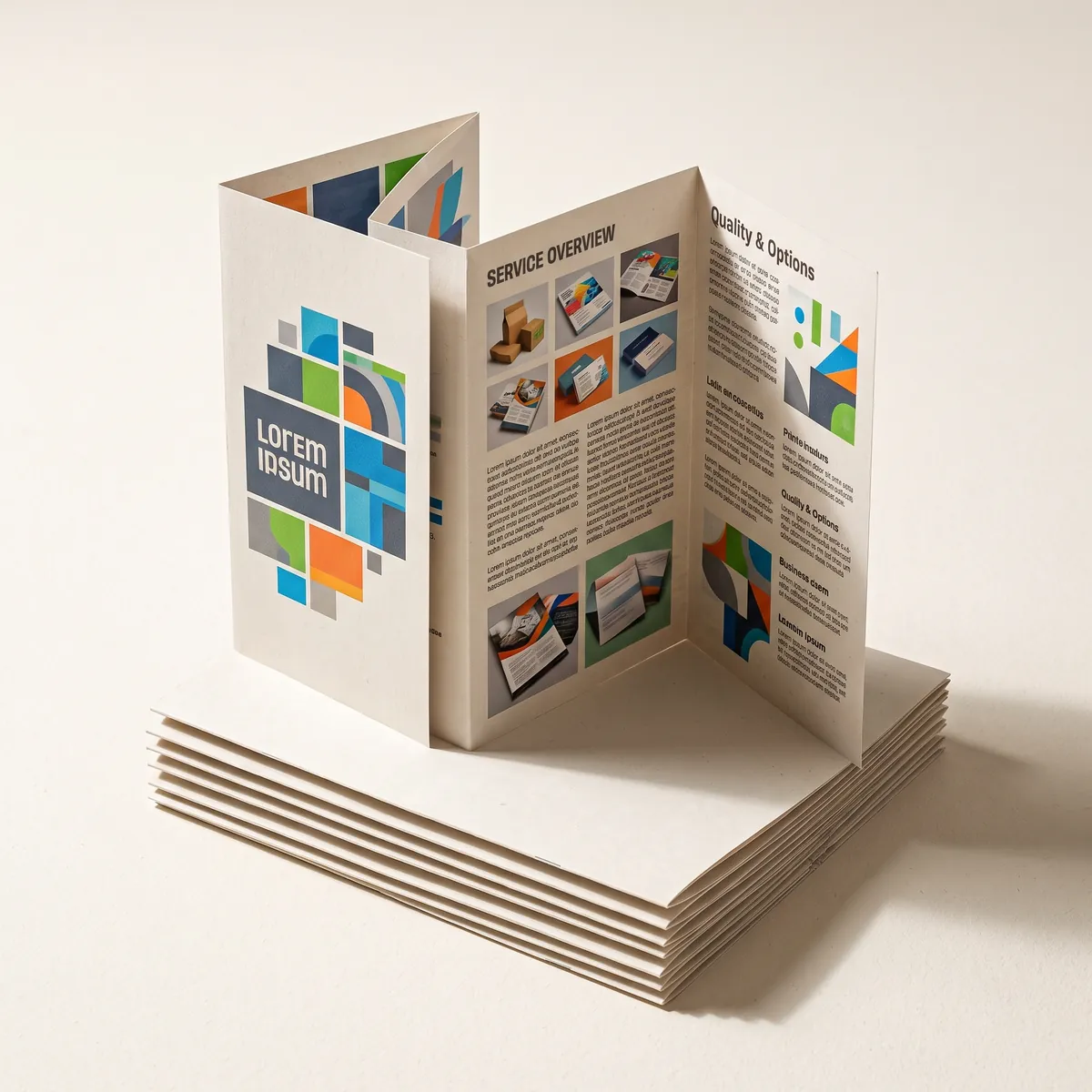 Tri-fold brochures with one standing open in a Z shape.