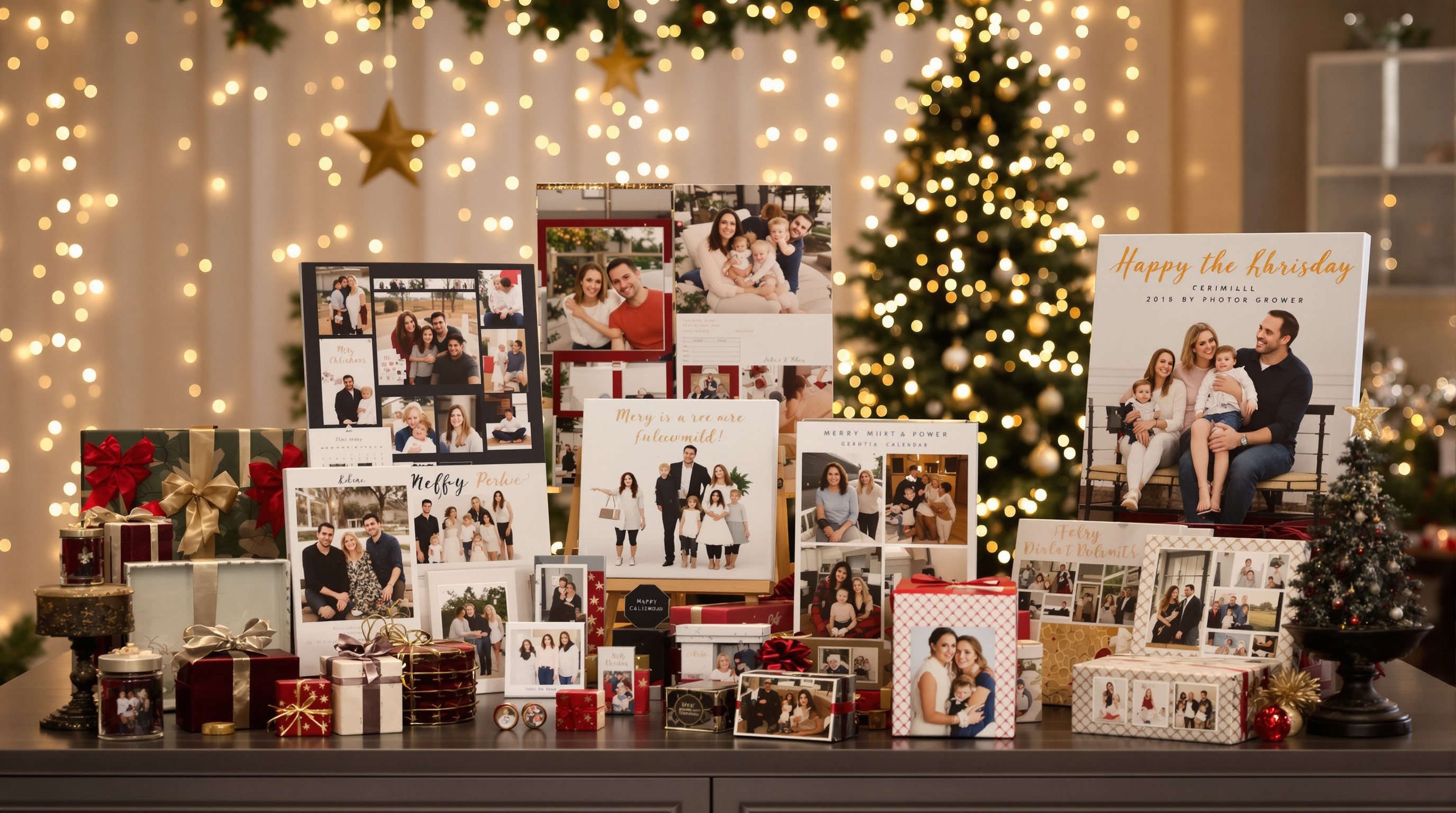 Photographer presenting holiday photo products including canvas prints, calendars, and ornaments to a family in a Louisville studio