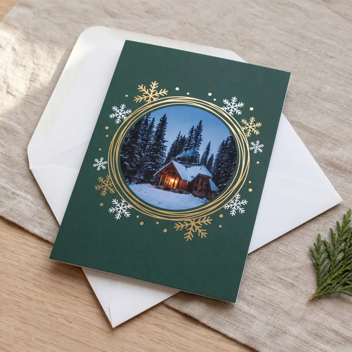 Evergreen holiday card with a gold foil snowflake ring